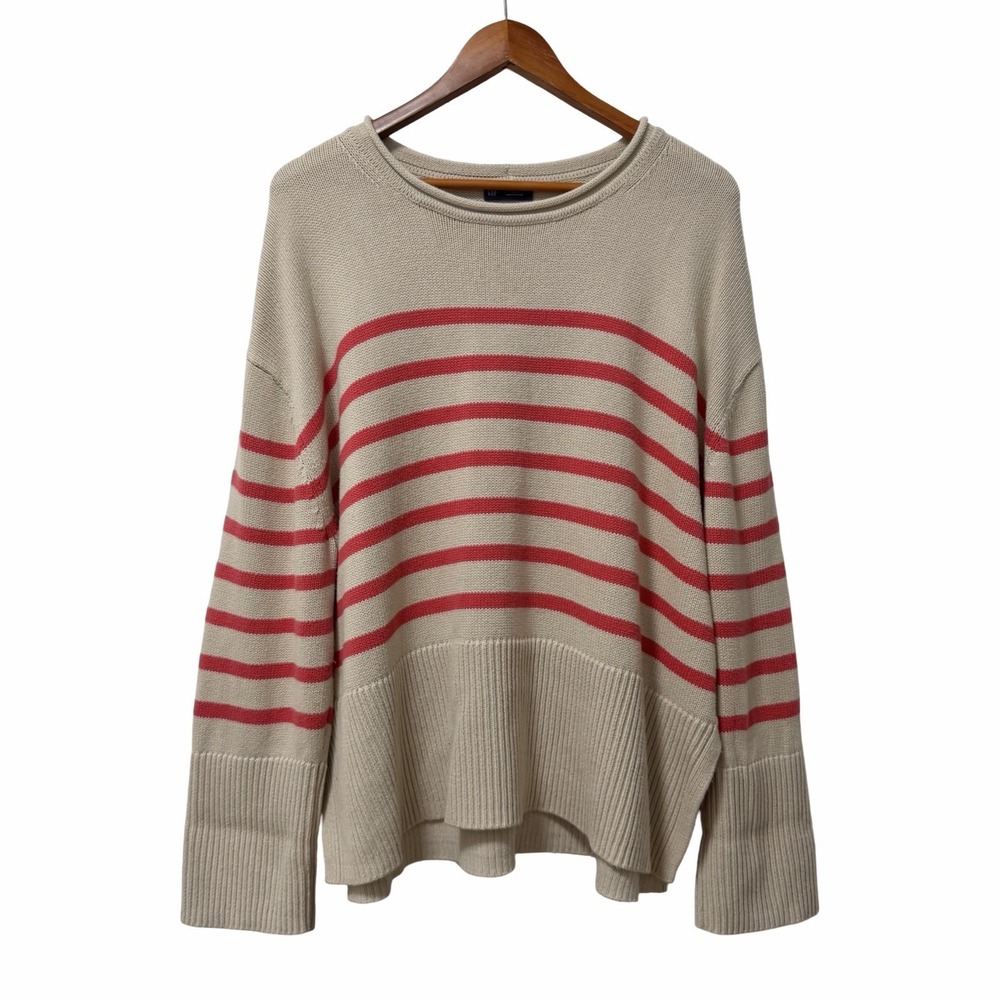 Gap Womens Roll Neck Split Hem Cotton Stripe Sweater Size L Tan Red Nantucket